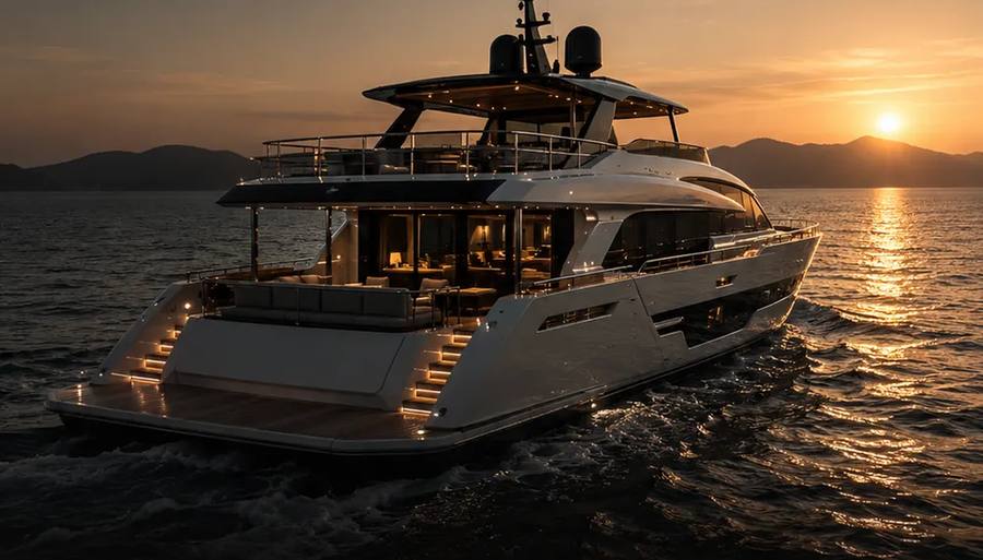 Iate navegando ao pôr do sol, imagem usada na capa do case Atlantic Ocean Boats